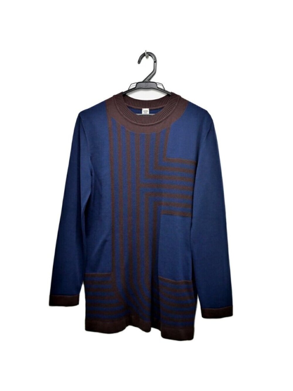 Hermes Long Sleeve Knit Tunic Blue Brown Sweater Silk Cotton